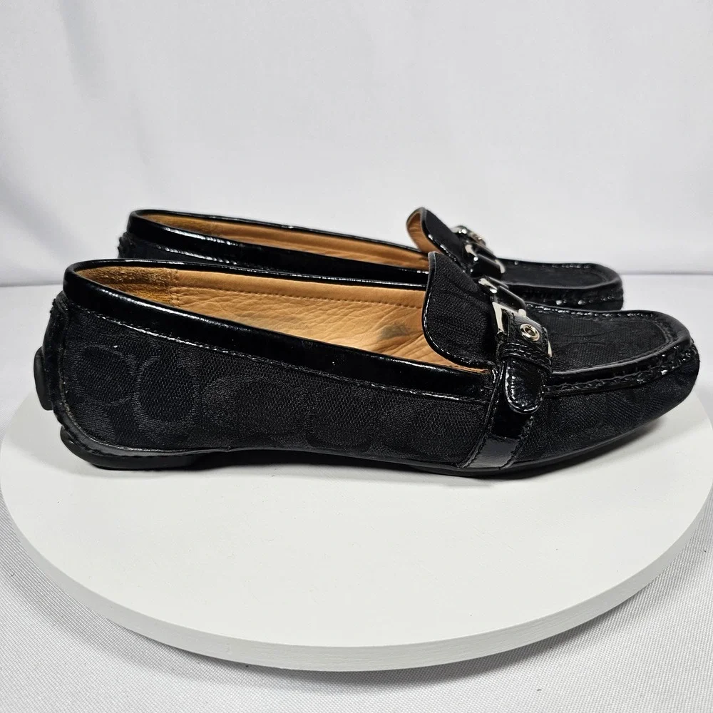 COACH Stacie Black Jacquard Signature Loafer Flats Buckle‎ Size 6.5M